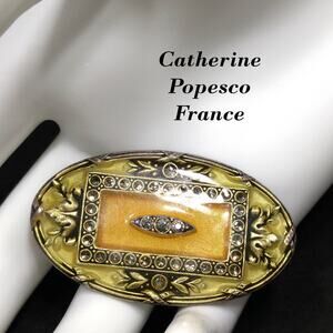 Catherine Popesco Oval Brooch, Cream & Gold Enamel, Rhinestones, France, Vintage